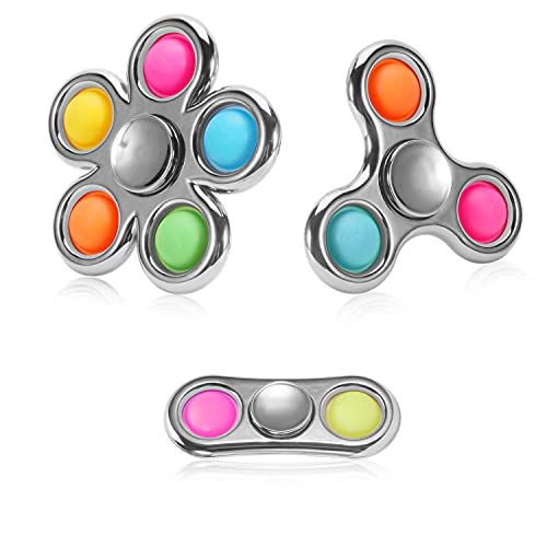 Jawhock 3 Pack Pop Fidget Spinner, Simple Fidget Popper Spinner, Push Pop Bubble Fidget Spinner, Metal-Looking Fidget Finger Spinner for Stress Relief Sensory Toys for Children-Silver