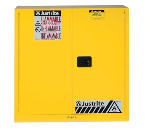 Image of Justrite 40 Gallon Self Close Paint and Ink Safety Cabinet, 18 Gauge Steel, 3 Shelves, 43 inch x 44 inch x 18 inch, 2 Door Combustibles Cabinet, Made in The USA, Yellow, 893030