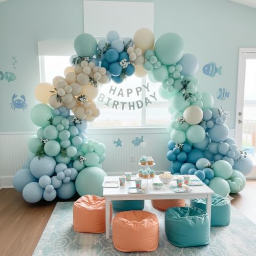 Image of 163Pcs Under The Sea Balloon Garland Arch Kit - Ocean Theme Party Decorations with Dusty Slate Blue Pastel Green Sand White Balloons for Baby Shower Birthday Under the Sea Party Decorations