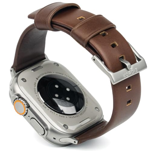 KORDIZ Modern Leather Band | Leather band compatible with Apple Watch band ULTRA & ULTRA 2 49mm | Stylish and Durable Minimalist for Your Wrist | Rugged Patina (Ultra Silver (49mm) | Dark Brown)