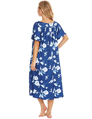 Image of Bloggerlove Mumu House Dress for Women with Pockets Short Sleeve Nightgowns | 15% Cotton, 80% Polyester, 5% Spandex, Floral Mumu House Dress, V-Neck, Short Sleeves, Midi Length, 2 Side Pockets, Lounging