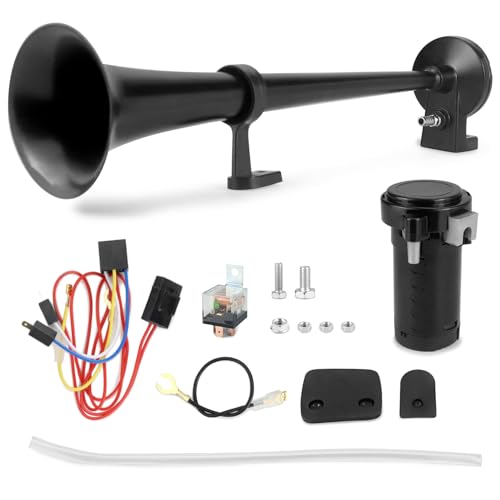 QWORK 12V 125db LKW Hupe Auto Hupe Chrom Zink 450mm Einzelhorn mit Kompressor Passend für Alle 12V Fahrzeuge LKW Züge Cars Boote