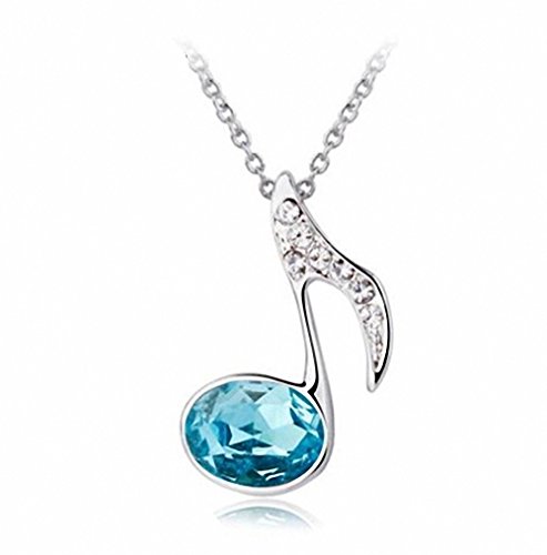 megko White Gold Pendant Necklace for Women Created Crystal Music Note Pendants with 18 Inch Chain (Light Blue)