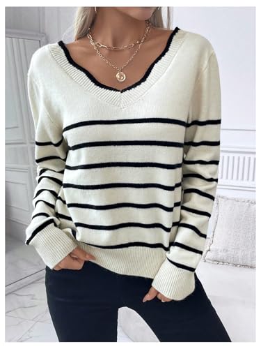 GORGLITTER Women's Striped Bow Sweater Backless V Neck Long Sleeve Pullover3