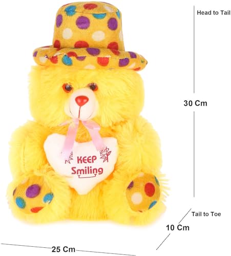 Image of Trendller Yellow Teddy Bear with Cap and Keep Smiling Heart - 30 cm Soft, Washable Plush Gift for Kids, Girls, Boys, and Loved Ones - Perfect for Birthdays, Valentine's, Christmas