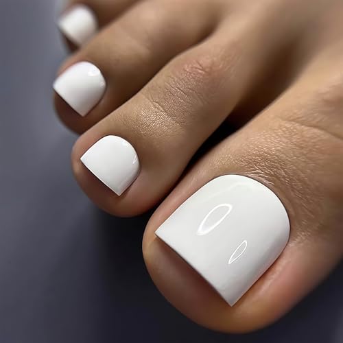 Mrltau 24 Pcs Uñas Postizas Brillantes Blancas, Uñas Cortas Cuadradas Para Pies, Diseño Acrílico Blanco, Puntas De Uñas Cuadradas, Uñas Para Pegar