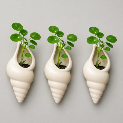 Image of Ceramic Wall Planter - Modern Scalloped Hanging Flower Pot for Indoor Plants - Minimalist Half-Moon Wall Vase for Succulents, Pilea, & Air Plants - Elegant White Floating Planter for Decor (3)