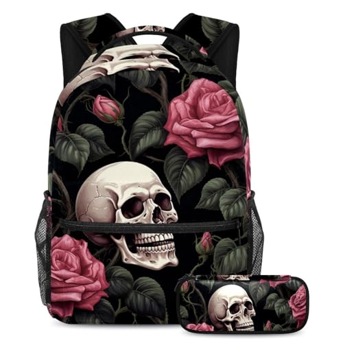 Ensemble de 2 sacs à dos pour garçons filles adolescents motif rose et crâne multicolore 05