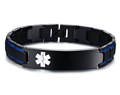 MEALGUET Custom Engraving Stainless Steel 2-Tone Blue and Black Brushed Medical Alert Link