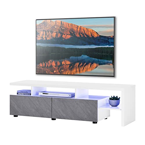 WAMPAT Meuble TV Moderne avec Lumières LED pour Téléviseurs jusqu'à 165 cm, Centre de Divertissement avec Portes Rabattables et Étagères Ouvertes pour Salon, Chambre à Coucher, Blanc/Gris Cover