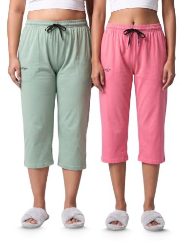 Image of Fflirtygo Women's Cotton Plain Calf Length Capri | Nightwear Short Pyjama | 3 /4th Solid Pyjama Pant | Regular Fit Casual & Lounge Wear Capri Combo (Pack of 2)