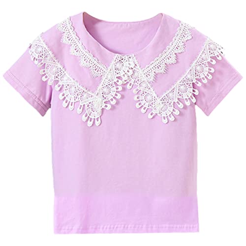 Image of Toddler Girl Lace Embroidery Blouse Short Sleeve Cotton Doll Collar Tops School Uniform Shirt
