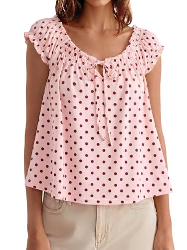 Image of Tankaneo Women Summer Tie Front Tank Tops Cap Sleeve Pleated Babydoll Tops Casual Loose Fit Going Out Flowy Shirt