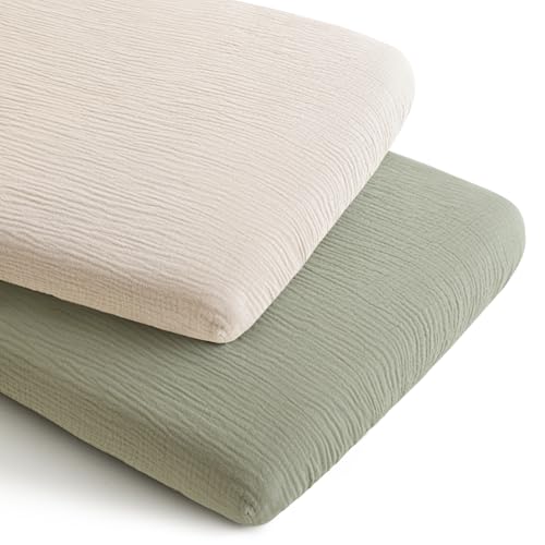 Image of Konssy 2 Pack Muslin Bassinet Sheets 33" x 21", 100% Cotton Soft Bedside Sleeper Bassinet Sheets, Compatible with Baby Delight, Dream On Me, AMKE and Other Rectangle Mattress (Fog Green,Cream)