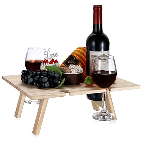 Ubeesize Portable Wine Picnic Table With 1 Bottle Holder+4 Glass Holders, Natural Wood Picnic Table,Small Bed Tray, Foldable Picnic Table For Beach,Camping,Lightweight,11.8 X 13.4 In #TOP4