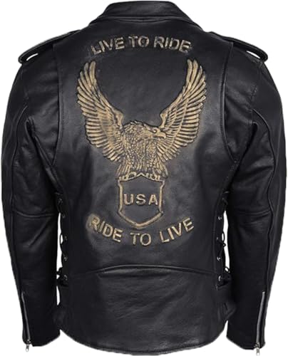 Live to Ride, Ride to Live Eagle Leather Jacket – Classic Biker Spirit in Black with Gold & Brown Accents