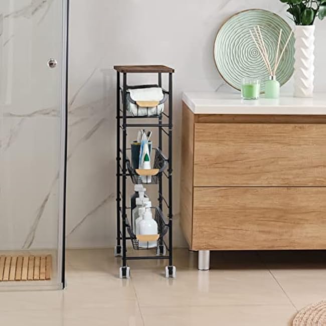 4-Tier Slim Storage Cart, Kitchen Rolling Utility Cart Bathroom Organizer Laundry Room Organization Mobile Shelving Unit with Slide-Out Metal Wire Baskets, Wooden Tabletop & Wheels for Narrow Space-gQJA0rcj