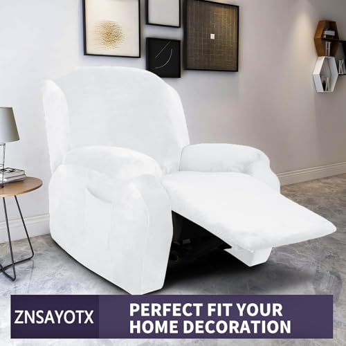 Image of ZNSAYOTX Stretch Velvet Recliner Cover 4-Pieces, Thick Soft Recliner Chair Slipcover with Pocket, Non-Slip Elastic Bottom for Kids Pets, Luxury Plush Reclining Protector Comfy Washable (White)