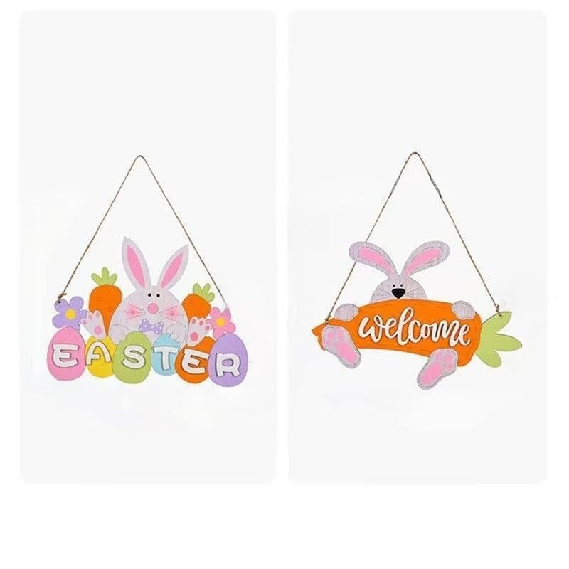 Decoración de letrero de bienvenida y letras de conejo de Pascua, juego de adornos colgantes de madera de 2 piezas, colores pastel