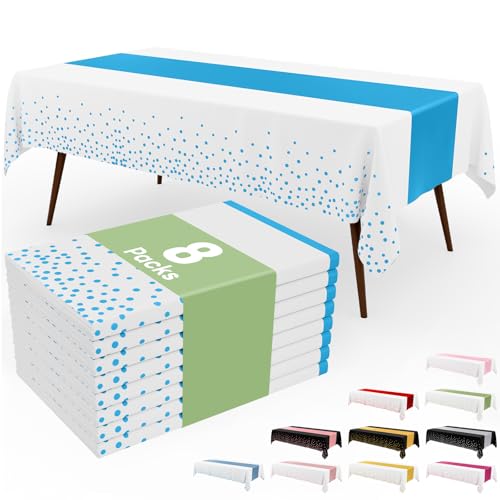 Image of Smiry Plastic Table Cloth Disposable 8 Pack, 54 x 108 Inch Rectangle Waterproof Tablecloth, Printed Gold Table Runner Style for Birthday Weeding, Party Decorations, Leakproof & Sturdy, White and Aqua