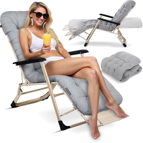 Sofotel Sonnenliege Klappbare Gartenliege Bis 120 kg Liegestuhl mit Kissen und Kopfstütze Grau Beige ChillWell Luxury