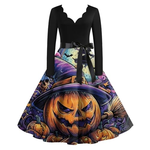 OIOLOYJM Sexy Plus Size Halloween Costumes Woman 2025 Long Sleeve V Neck Printed Gothic Retro Formal Party Dresses for Women