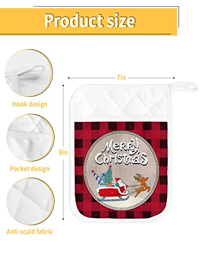 Christmas Santa's Reindeer Pot Holders With Pocket For Kitchen, Heat-Resistant Potholders Set Of 2, Hot Pads Oven Mitts With Hanging Loops For Home Cooking Baking Microwave, Buffalo Plaid Red Black #TOP2