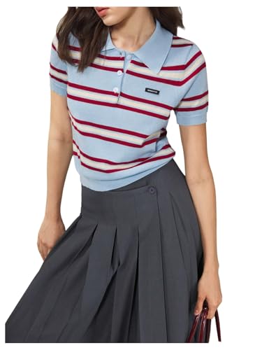 SweatyRocks Women's Summer Striped Sweaters Collar Button Short Sleeve Knit Tops