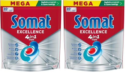 Somat Excellence 4 en 1 Pastillas (1 x 50 tabs), detergente lavavajillas Que Elimina los residuos quemados, Pastillas lavavajillas con Brillo excelente, jabón para vajilla (Paquete de 2)