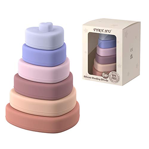 Baby Silicone Stacking & Nesting Toys, Christmas 6 pcs Heart Building Stacker Blocks Tower, Soft Chew Natural Teether Montessori Toys, 6+ Months Toddler Boys & Girls Early Education Learning