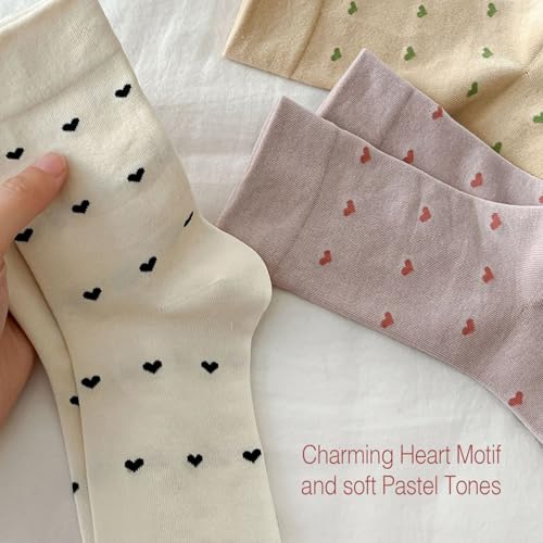 Image of Women's Cute Heart Pattern Crew Socks - 3 Pairs Colorful Novelty Gift Set - Soft Cotton Cozy Socks for Casual Wear