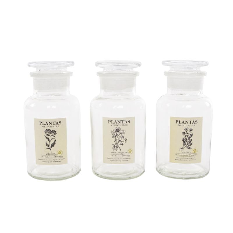 ROCKING GIFTS Set de x3 Bote De Cristal Pequeño Hermético Estilo Boticario Vintage Farmacia Capacidad 250ML Tarro de Almacenamiento con Etiquetas Retro para Té Especias y Condimentos de Cocina