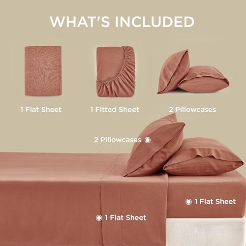 Bedsure Linen Sheets - Queen Size Bed, Blend from Linen Cotton Bedsheets, Breathable Cotton Bedsheets, Gifts for All Seasons, 4 Pieces, Terracotta