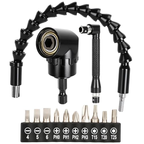 13Pcs Flexible Drill Bit Extensions Set Adapter, 11.8 inch Bendable Flexible Drill Bit Extension, 90° Right Angle Screwdriver, 105° Degree Right Angle Drill Attachment and 10Pcs Screwdriver Bit Set
