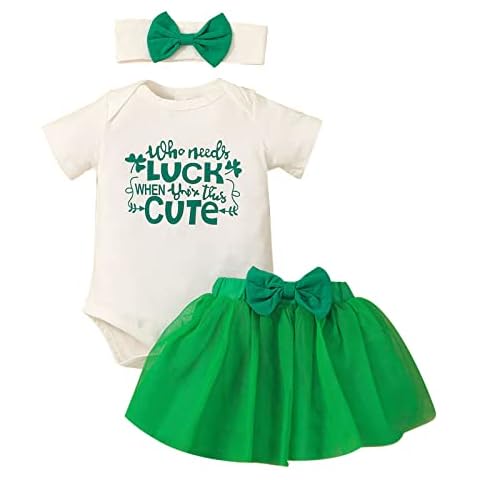 Zimuuy My 1st St.Patrick's Day Outfits Baby Girl Shamrock Clover Irish National Day Green Romper Tops Tulle Skirt Hairband Clothing(Green,3-6 Months) Cover