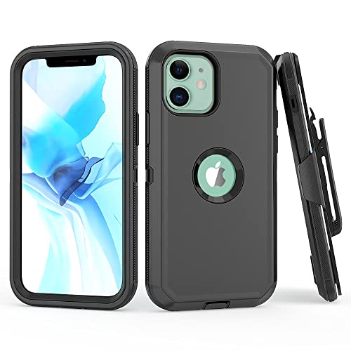 TASHHAR Heavy Duty Hard Shockproof Armor Protector for iPhone 12 & 12 Pro - Case with Belt Clip Holster (Black)