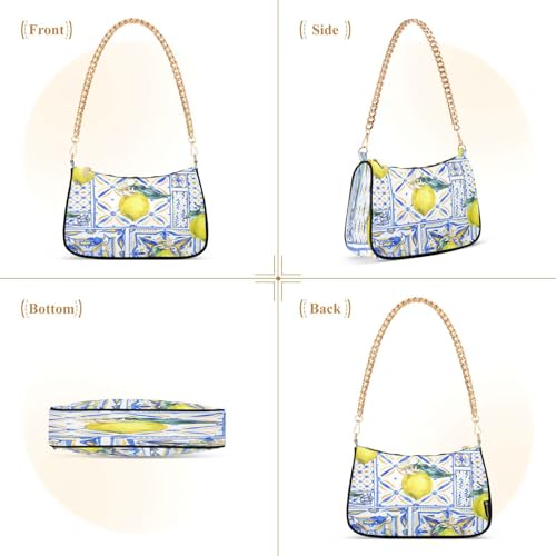 Shoulder Bags for Women Vintage Yellow Lemon Fruit and Blue Print Hobo Tote Handbag Small Clutch Purse with Zipper Closure2