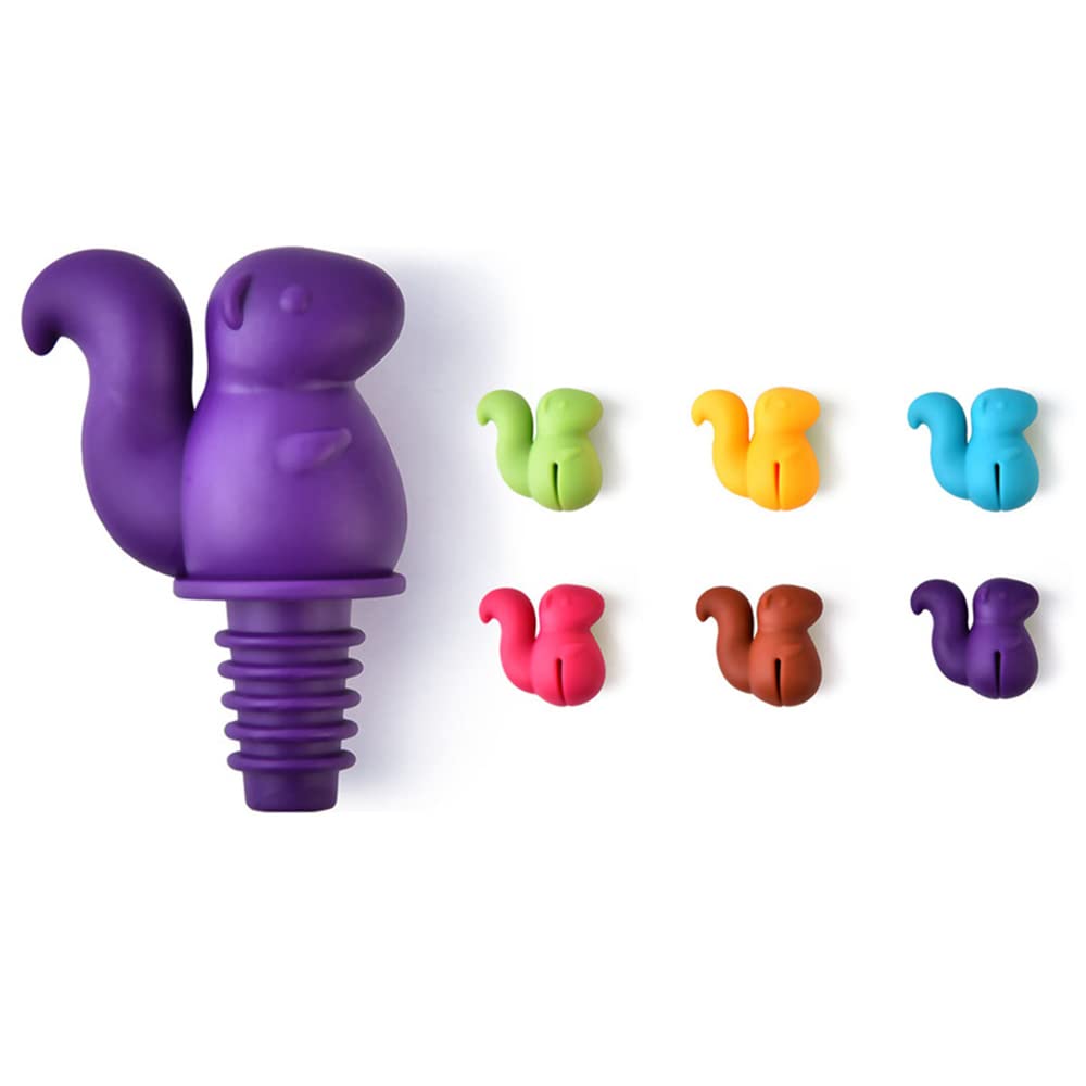 6+1PCS Squirrel Shapes Wine Stopper Set, Silicone Wine Bottle Stopper, Reusable Fun Animal Bottle Stopper, Gift Box Package Bottle Stoppers Set