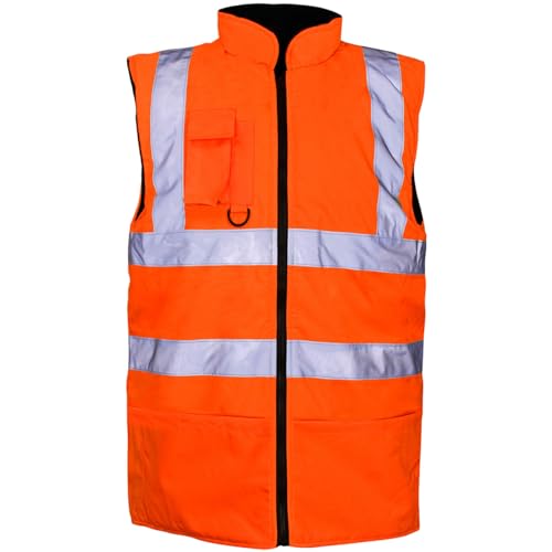 MyShoeStore Hi Viz Vis Bodywarmer Fleece Lined Reversible High Visibility Reflective Waterproof Workwear Security Safety Wear Warm Gilet Waistcoat Body Warmer Padded Vest Big (Orange,L)