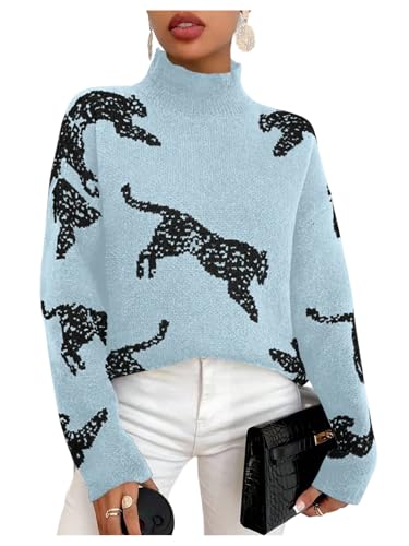 Image of WDIRARA Women's Leopard Tiger Print Sweater High Neck Long Sleeve Fuzzy Knitted Pullover Top