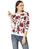 Allegra K Women's Floral Leaf Print Sweatshirt Long Sleeve Casual Pullover Top M Red