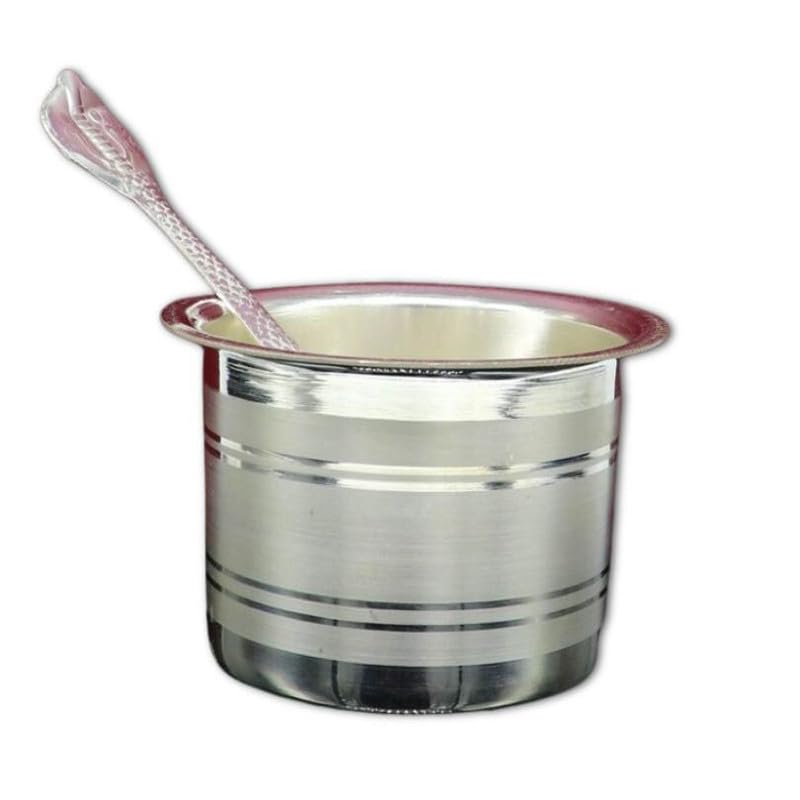 Image of Silver Plated Ghee Pot with Spoon | Pooja Ghee Container for Mandir | Charnamrit Kalash Set | Temple Bhog & Aarti Item | Religious Gift for Diwali, Wedding & Housewarming