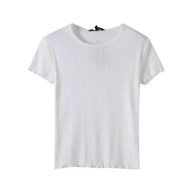 Nordic Minimalist Lace Embroidery Cotton T-Shirt Summer Round Neck Slim Fit Basic Short-Sleeved T-Shirt for Women3