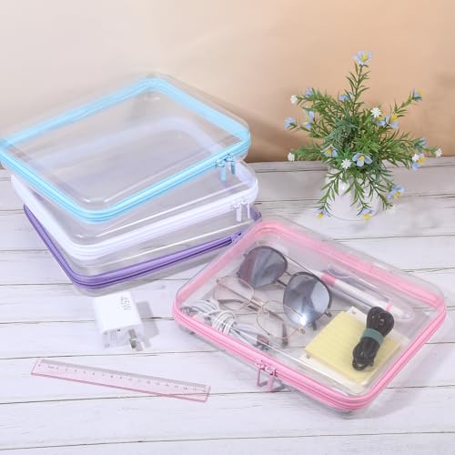 Image of 4 Pcs Clear Hard Shell Zipper Case, Transparent Hard Clear Zipper Case, Large Portable Travel Makeup Bag Organizer Bin for Pencil Cosmetics Building Blocks Puzzles(4Colors)