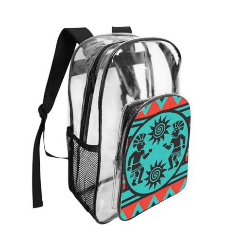 VAFZASC Clear Transparent Backpack Teal Southwestern Southwest Native African American Indian, Stadium Approved PVC See Through Bookbag with Zipper Compartments & Mesh Pockets
