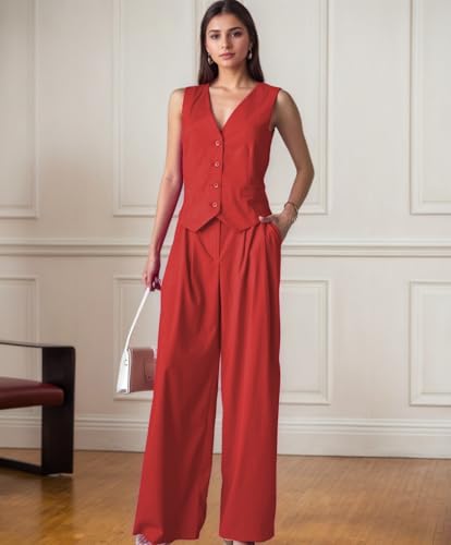 Mi Bo Tong Women's 2 Piece Outfits Crop Vest and Wide Leg Suit V Neck Casual Suits Summer Outfits4