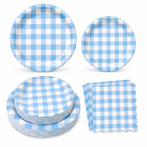 RVXHUA 150PCS Blue Gingham Party Supplies Baby Boy Shower Plates and Napkins Set for 50 Guests Checkered Disposable Tableware Party Decorations for Birthday Picnic & Family Gatherings