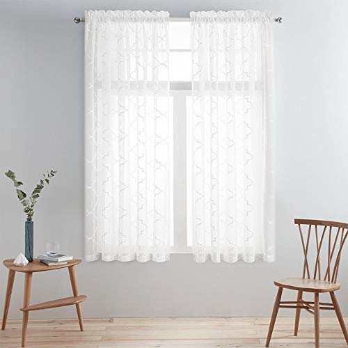 Sheer Curtains White 63 Inches,Embroidered Moroccan Tile Lattice Design Rod Pocket Voile Drapes For Living Room, Bedroom, Window Treatment Crinkle Curtain Panels For Villa, Parlor, Set Of 2, 52"X 63". #TOP1