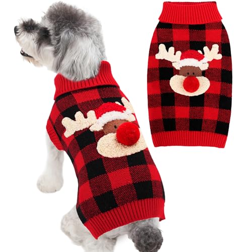 Dog Christmas Sweater Cute Dog Christmas Outfit with 3D Reindeer Pattern Soft Warm Turtleneck Knitted Pet Clothes Cold Weather Puppy Clothes for Small Medium Large Dogs Cats