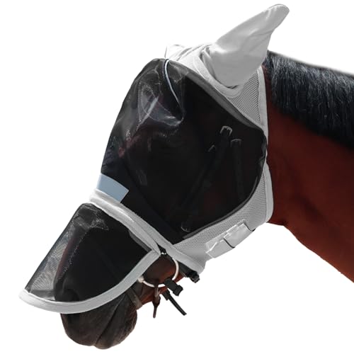 Wizbrio Luminous Horse Fly Mask with Long Nose Ears Full Face & Eye Protection - Full Mesh Detachable Nose Cover Fleece Padded Edging Hook-and-Loop Straps with Webbing Hanging Straps Grey